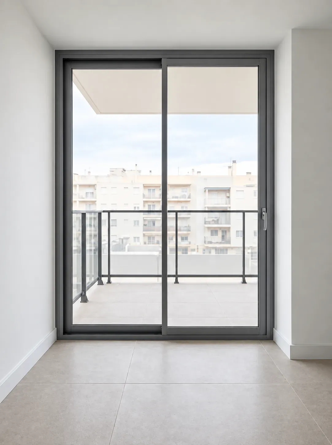 Cerramiento de terraza con carpintería de aluminio lacado en gris antracita y puerta corredera acristalada