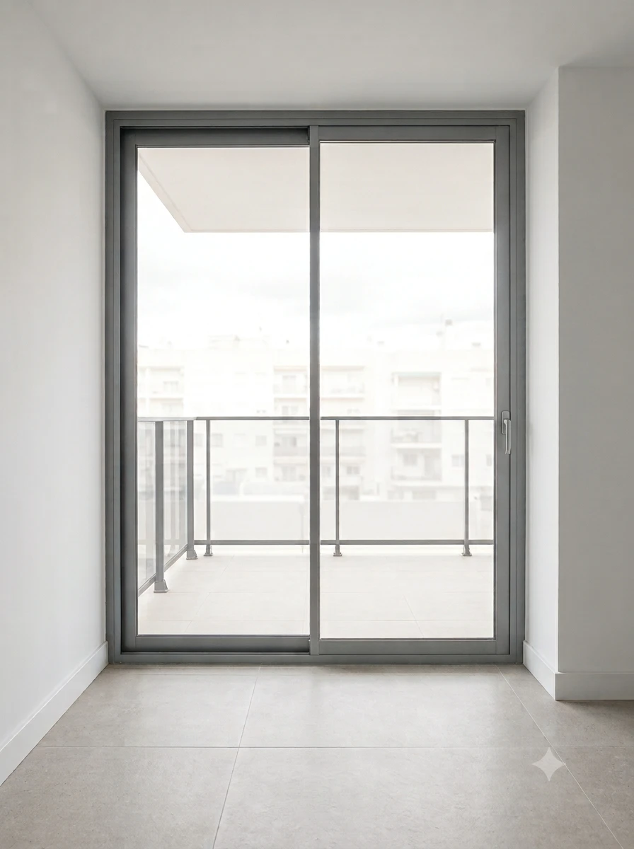 Cerramiento con puerta corredera de aluminio gris y grandes paños de vidrio, con salida a una terraza.