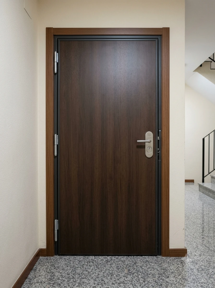 Puerta de seguridad instalada en el rellano de un edificio, con marco reforzado, bisagras vistas y escudo de seguridad sobre el bombín.