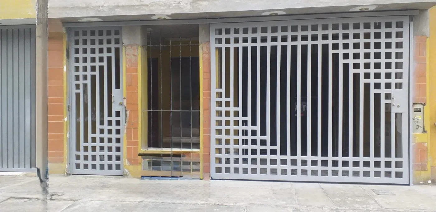Dos puertas metálicas de acceso con celosía de retícula cuadrada, una peatonal y otra de garaje