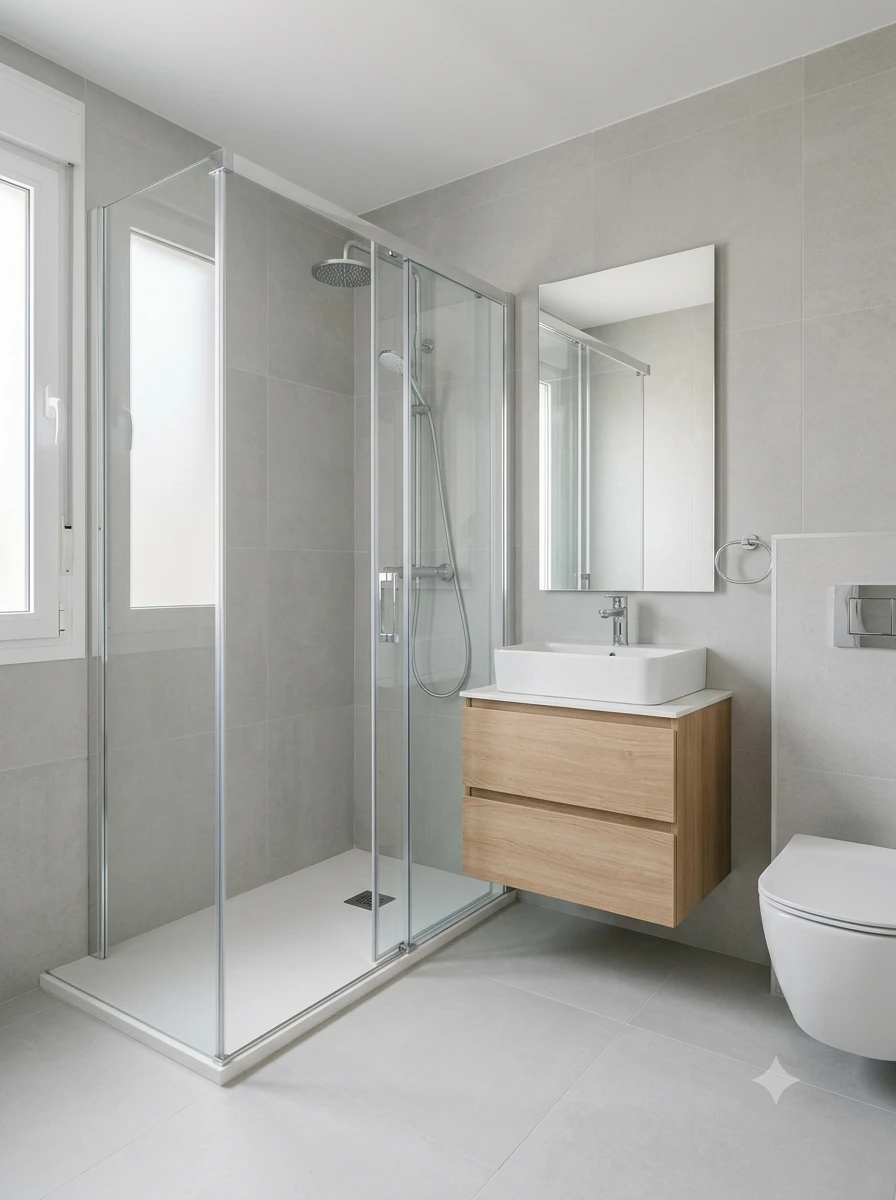 Baño reformado con plato de ducha extraplano, mampara de vidrio, mueble suspendido de madera clara con lavabo sobre encimera y sanitario suspendido.
