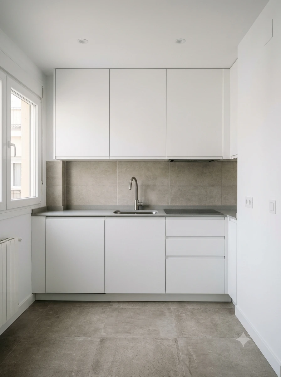 Cocina reformada con muebles blancos sin tirador, encimera gris, alicatado de gran formato en tono arena y fregadero con grifo de acero.
